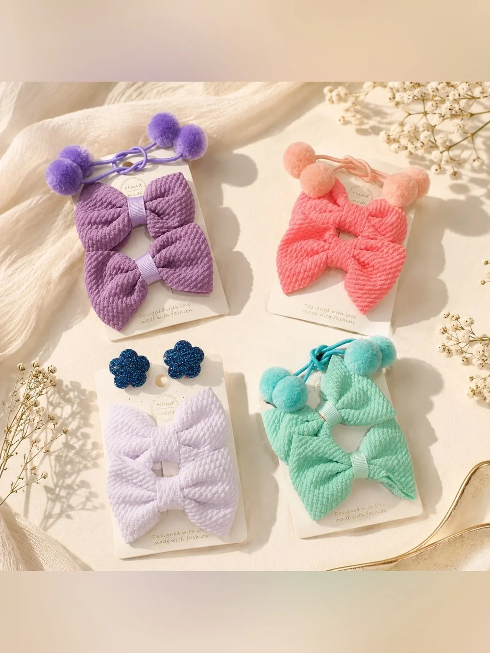 Kids Pom Bow Hair Clip & Elastic Set - Purple